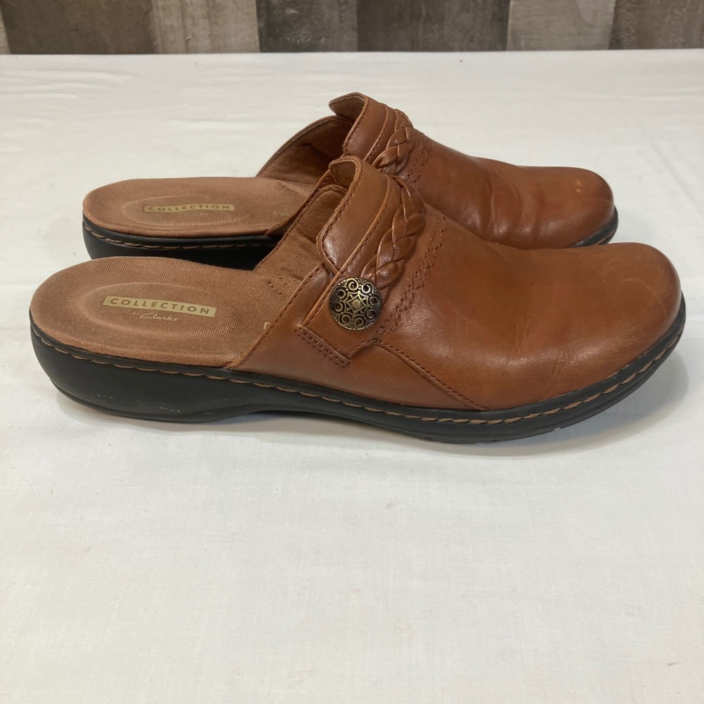 Clarks Collection Leisa Sadie Mules Tan Leather Clog Braided Strap Button US 7